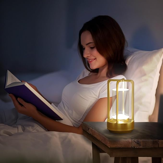 Portable Table Lamp for Outdoor Indoor: Cordless Rechargeable Desk Lamp with 3 Color Stepless Dimmable - Metal Battery Operated Small Lantern Light for Restaurant/Bedroom/Bar/Coffee Shop/Camping