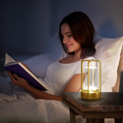 Portable Table Lamp for Outdoor Indoor: Cordless Rechargeable Desk Lamp with 3 Color Stepless Dimmable - Metal Battery Operated Small Lantern Light for Restaurant/Bedroom/Bar/Coffee Shop/Camping