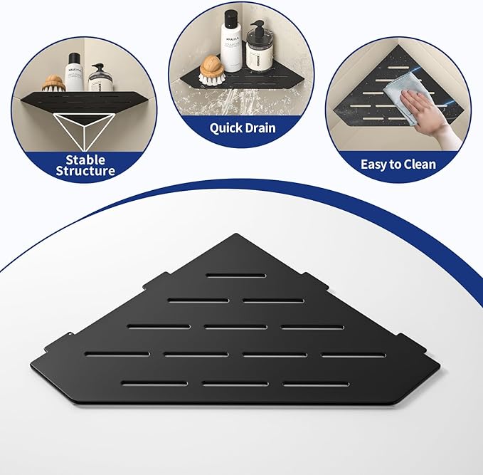 Corner Shower Shelf, 304 Stainless Steel Pentagonal Heavy Duty Floating Corner Sheves Slot Design Recessed Bathroom Shelf for Tiled Wall 2 Pack(Matte Black, 8"-2 Pack)