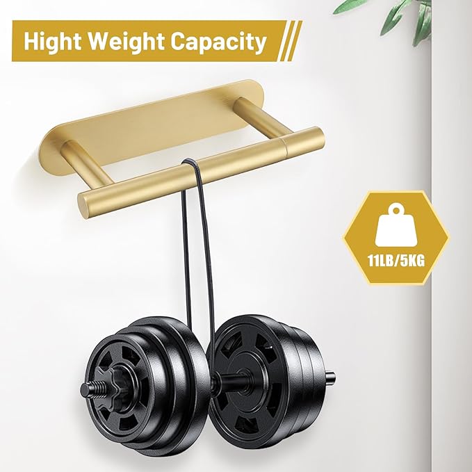 Self Adhesive Brushed Gold Toilet Paper Holder, SUS304 Stainless Steel Toilet Roll Holder, Double Base Paper Towel Holder Wall Mount No Drilling for Bathroom, Kitchen, Washroom