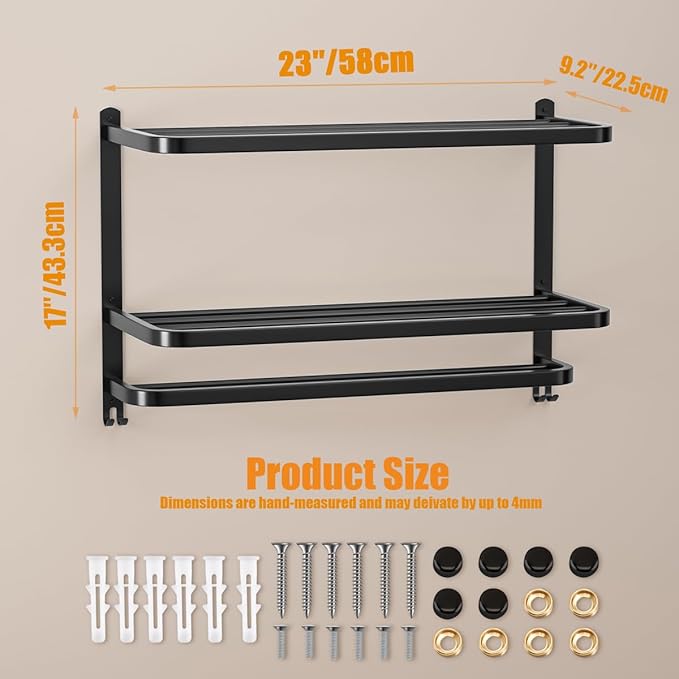 DDS-DUDES 3-Tier Black Towel Racks for Bathroom with Towel Bars Multilayer Hotel Towel Shelf Stainless Steel Wall-Mounted Matte Finished Holder with Towel Shelves 23 Inches