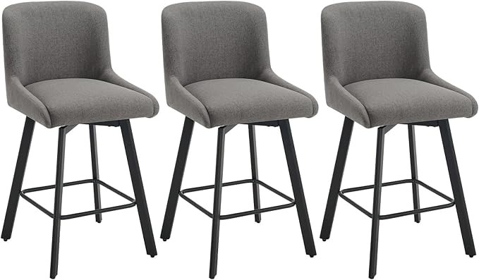 Swivel Counter Height Bar Stools Set of 3, 26''H Upholstered Barstools with Backs, Modern Bar Stool Chairs for Kitchen Island, Metal Legs, Fabric, Gray Stools Counter Chair