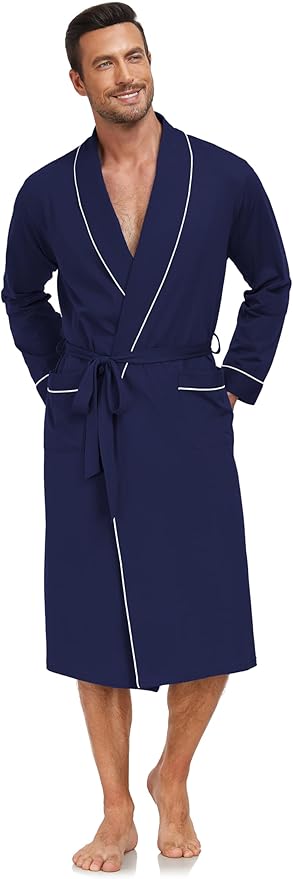 COLORFULLEAF Mens 100% Cotton Robes Lightweight Summer Long Bathrobe Sleepwear Soft Knit Spa Robe with Pockets