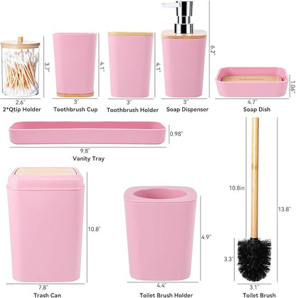 Bathroom Accessories Set, 9 Piece Pink Bathroom Decor Sets with Trash Can,Toothbrush Holder,Toothbrush Cup,Lotion Soap Dispenser,Vanity Tray,Soap Dish,Toilet Brush,Qtip Holder