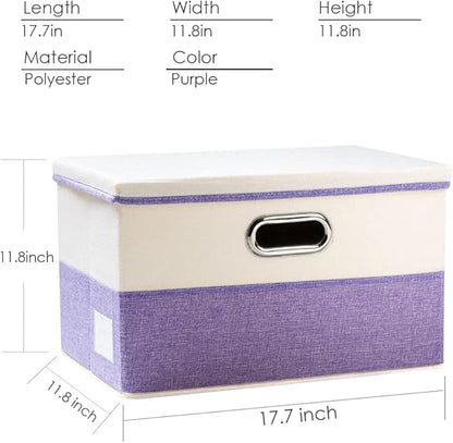 PRANDOM Large Foldable Storage Bins with Lids [3-Pack] linen Fabric Decorative Storage Boxes Organizer Containers Baskets Cube with Handles Divider for Bedroom Closet Purple&Cream(17.7x11.8x11.8)