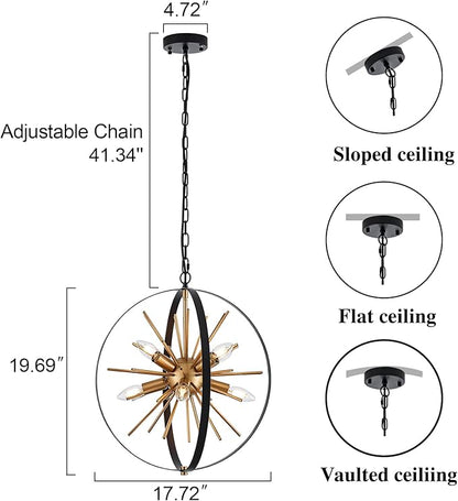 17.72'' Black Gold 8-Light Globe Sputnik Chandelier Modern Industrial Adjustable Hanging Ceiling Firework Pendant Light Fixture for Entryway Stairway Kitchen Dining Living Room Hallway