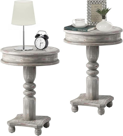 COSIEST Set of 2 Rustic Accent Side Table, Farmhouse Wood Pedestal Table Round End Table for Living Room, Bedroom, Distressed Whitewash Finish, Grey Color