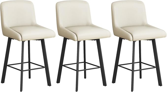 Swivel Bar Stools, 26''H Upholstered Barstools with Backs, Modern Counter Height Bar Stool Chairs for Kitchen Island, Metal Legs (Antique White- Faux Leather, Set of 3-26" H)