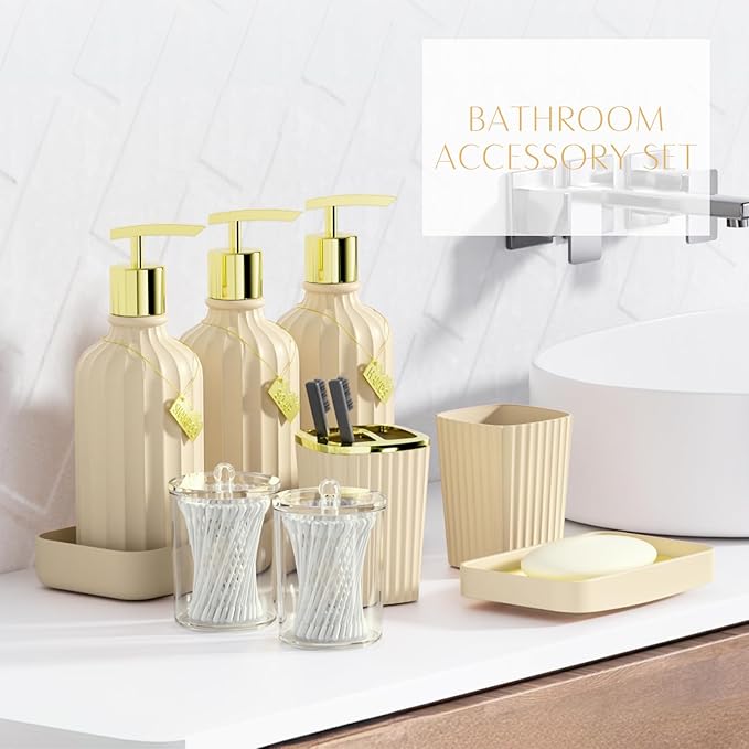 32PCS Bathroom Accessory Set Bathroom Accessories Set Beige Bathroom Set, Shower Curtain Set, 2 Piece Bath Towel Set, 3PC Soap Dispenser, Toilet Brush & Trash Can