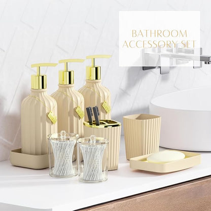 32PCS Bathroom Sets with Shower Curtain and Rugs-Beige Bathroom Accessories,Non Slip Bathroom Rugs Set with Toilet Lid Cover, Waterproof Shower Curtain, 3PC Soap Dispenser with Trash Can