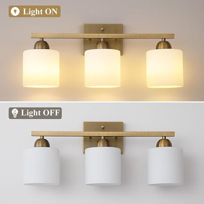 Stainless Steel Milk Glass Vanity Lights for Bathroom, 3 Light Brass Bathroom Light Fixtures Over Mirror, Ceramic E26 Sockets Wall Mounted