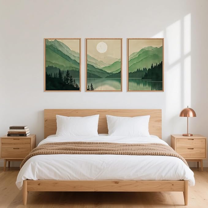 Celestdeco Watercolor Mountains Framed Canvas Wall Art Set, Boho Sun Forests Wall Decor, Green Scenery Wall Painting, Modern Woodland Artworks for Living Room, Bedroom, Dining Room, Office - 16"x24"x3
