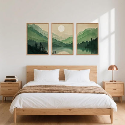 Celestdeco Watercolor Mountains Framed Canvas Wall Art Set, Boho Sun Forests Wall Decor, Green Scenery Wall Painting, Modern Woodland Artworks for Living Room, Bedroom, Dining Room, Office - 16"x24"x3