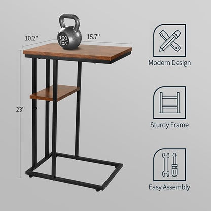 Yoobure C Table End Table Set of 2, Side Tables Living Room, C Shaped Side Table, Couch Tables That Slide Under Couch Table with Metal Frame, Rustic Snack Table for Bedroom/Small Spaces Large Desktop