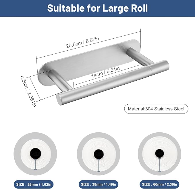 Self Adhesive Toilet Paper Holder, SUS304 Stainless Steel Brushed Nickel Toilet Roll Holder, Double Base Paper Towel Holder Wall Mount No Drilling for Bathroom, Kitchen, Washroom