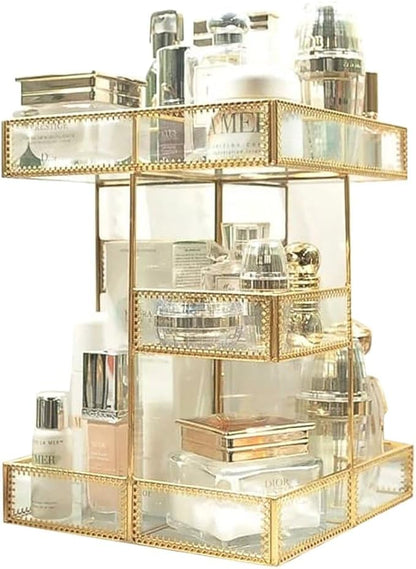 360 Degree Rotation Makeup Organizer Antique Countertop Cosmetic Storage Box Mirror Glass Beauty Display, Gold Spin Large Capacity Holder for Brushes Lipsticks Skincare Toner