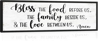 Bless the Food Before Us Wall Decor: Farmhouse Rustic Kitchen Signs Wall Decor Framed Hanging Wall Plaques 12" x 40",Inspirational Quotes The Family Beside Us Signs