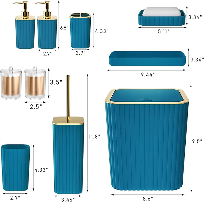 Bathroom Accessories Set - Gorgeous Bathroom Set, 10PC Teal Bathroom Accessory Set, Toilet Brush, Trash Can, Qtip Holder Dispenser & Soap Dispenser