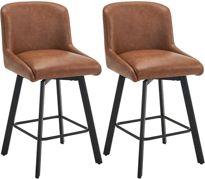 Swivel Bar Stools Set of 2, 26''H Upholstered Barstools with Backs, Modern Counter Height Bar Stool Chairs for Kitchen Island, Metal Legs, Faux Leather, Brown Counter Stools