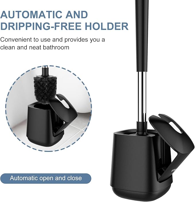 SetSail Toilet Brush and Holder, Self Closing Lid Toilet Bowl Brushes Holder and Extra Long Handle Ventilated Toilet Brush Set for Bathroom Cleaning, Nylon Bristles, Black