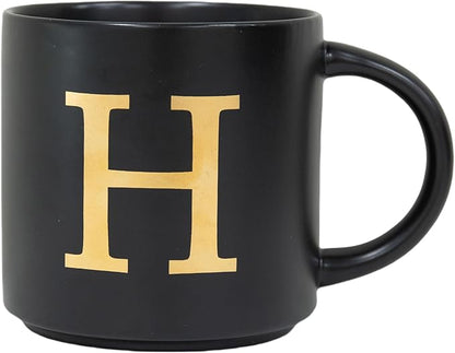 COLLECTIVE HOME - Monogram Ceramic Mugs, 15 oz Golden Initial Black Coffee Cups, Elegant Alphabet Tea Mugs, Elegant Personalized Mug with Gift Box, Unique Mug with Double Side Capital Lette (H)