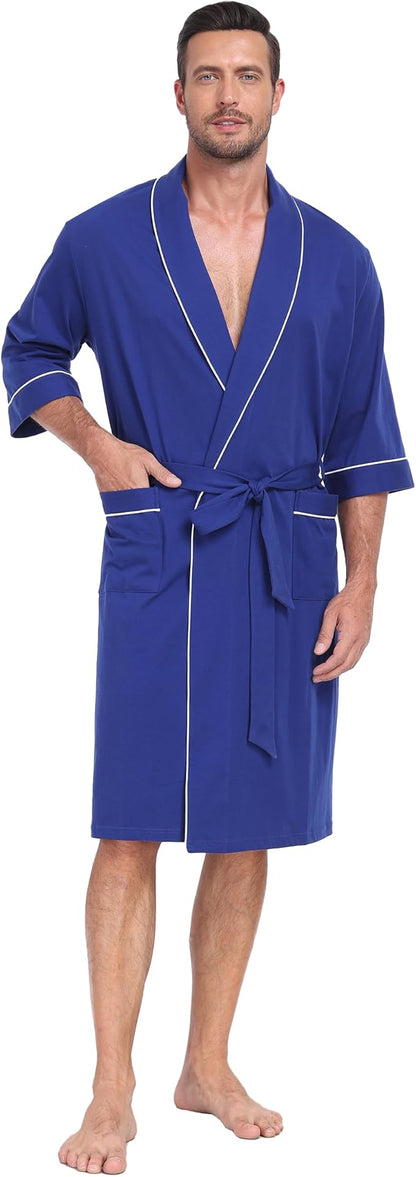 CF Men's Robe Cotton Bathrobe Soft Short Sleeve Bath Robes Shower Robe for Spa Soft Kimono Lightweight Sleepwear with Pockets