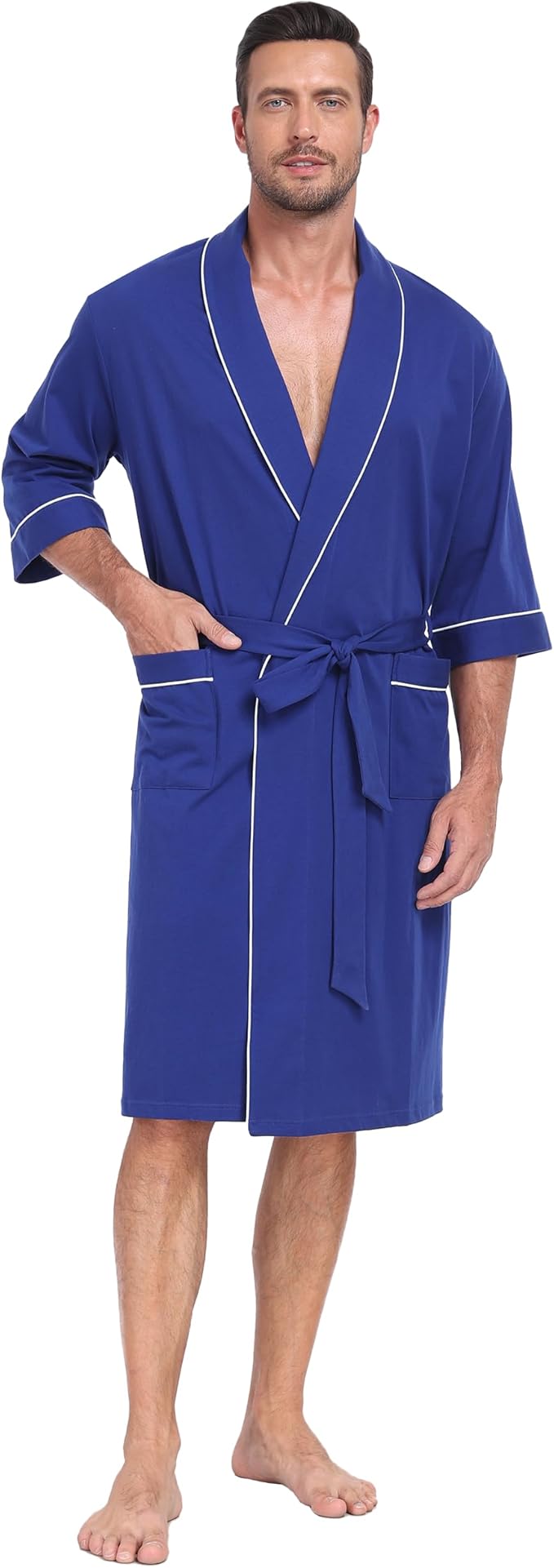 CF Men's Robe Cotton Bathrobe Soft Short Sleeve Bath Robes Shower Robe for Spa Soft Kimono Lightweight Sleepwear with Pockets