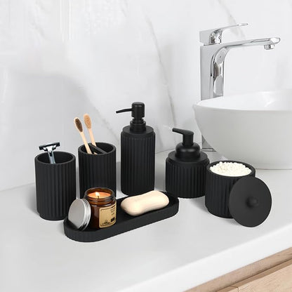Black Bathroom Accessories Set 6 Pcs - Toothbrush Holder,Lotion Soap Dispenser,Foaming Soap Dispenser,Qtip Holder Dispensers,Vanity Tray,Bathroom Tumbler - Countertop Organizer-Bathroom Accessory Set