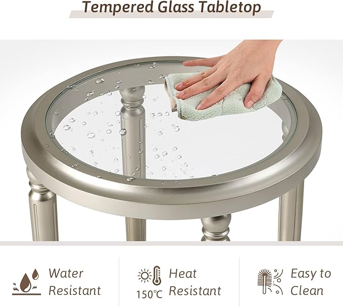 COSIEST Set of 2 Modern Round End Table, 2-Tier Glass Side Table with Glass Tabletop, Wood Accent Table with Storage Shelf for Living Room, Bedroom