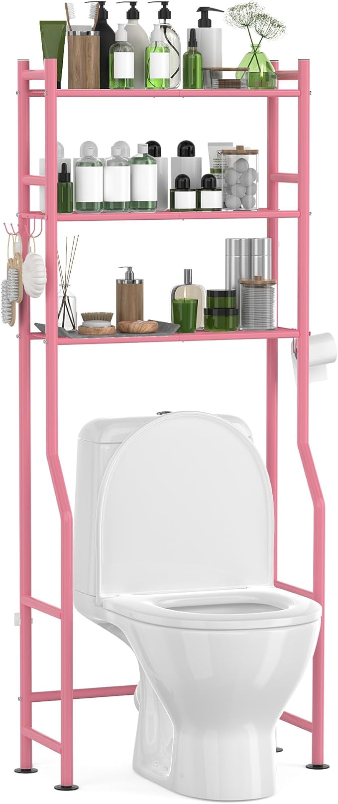 3-Tier Over The Toilet Storage with Paper Holder, Metal Bathroom Organizers and Storage for Small Space, Freestanding Bathroom Shelves with 4 Hooks, Above The Toilet Storage Shelf, Pink