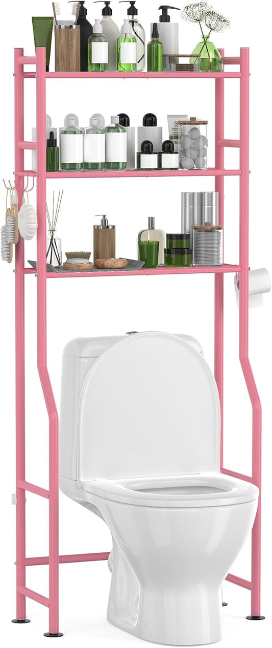 3-Tier Over The Toilet Storage with Paper Holder, Metal Bathroom Organizers and Storage for Small Space, Freestanding Bathroom Shelves with 4 Hooks, Above The Toilet Storage Shelf, Pink