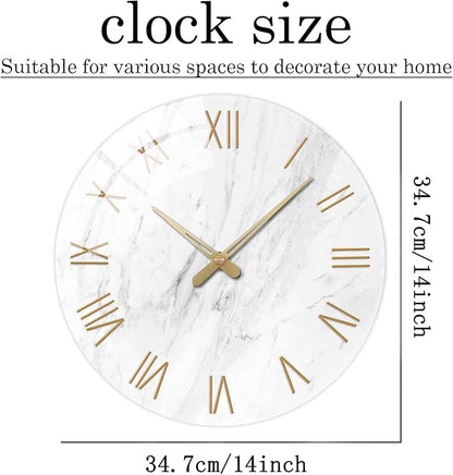 Round Marble Battery Wall Clock Modern 14 Inch White Minimalist Wall Clock for Kitchen Quartz Glass Slient Clock for Wall