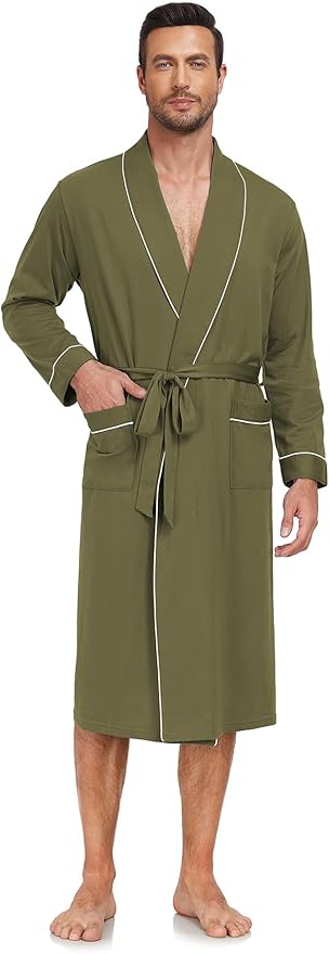 COLORFULLEAF Mens 100% Cotton Robes Lightweight Summer Long Bathrobe Sleepwear Soft Knit Spa Robe with Pockets