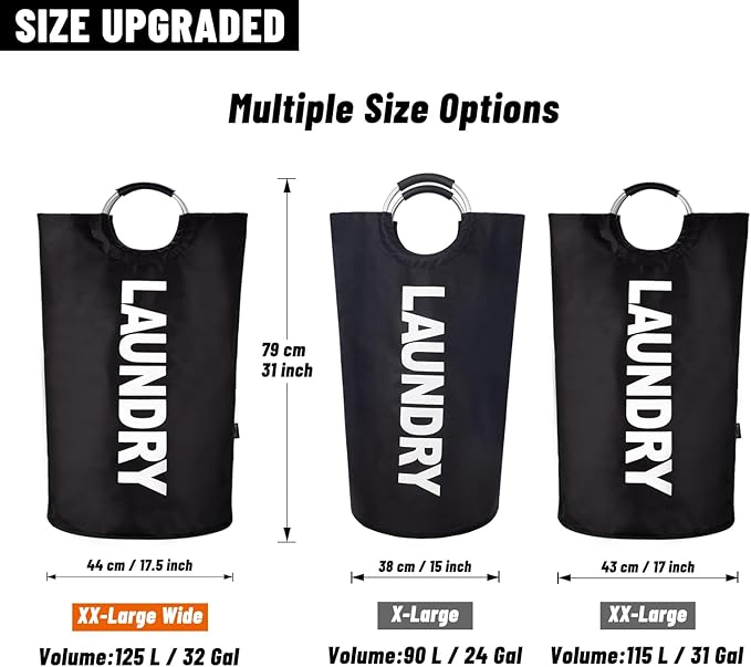 Caroeas 125L Laundry Basket,Large Laundry Hamper, Laundry Bag with Padded Handles, Clothes Hamper Stands Up Well, Collapsible Free Standing Easy Storage Washing Bin (Black,125L)