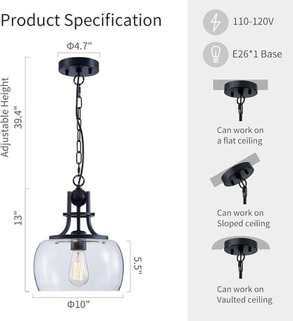 WUZUPS Chandelier Rustic Farmhouse Industrial Round Ceiling Pendant LED Light Fixture with Clear Glass Shades for Dining Room Kitchen Island Foyer Entryway, H 13" x W 10", E26 Base, Black