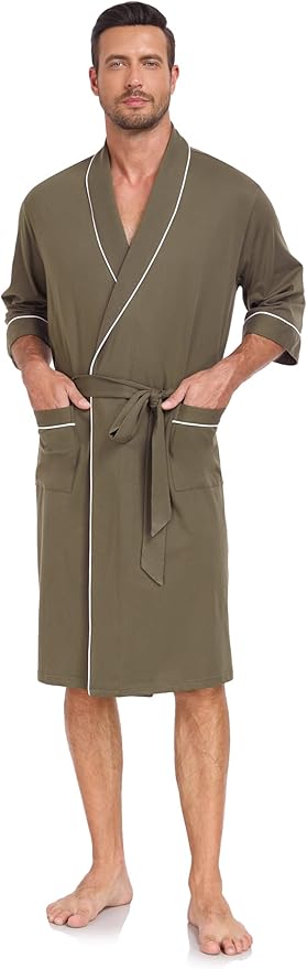 COLORFULLEAF Men's Bathrobes 100% Cotton Soft Comfort Breathable Short Sleeve Summer Kimono Mens Lightweight Robe