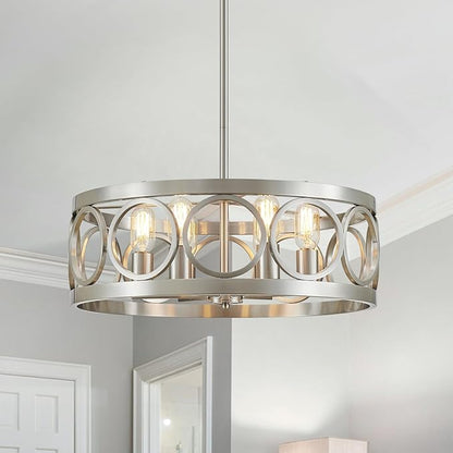 XINGQI 6-Light Modern Farmhouse Chandelier Brushed Nickel, 21.7'' Drum Ceiling Light Fixture for Living Dining Room Over Table with Round Metal Shade Pendant Lighting