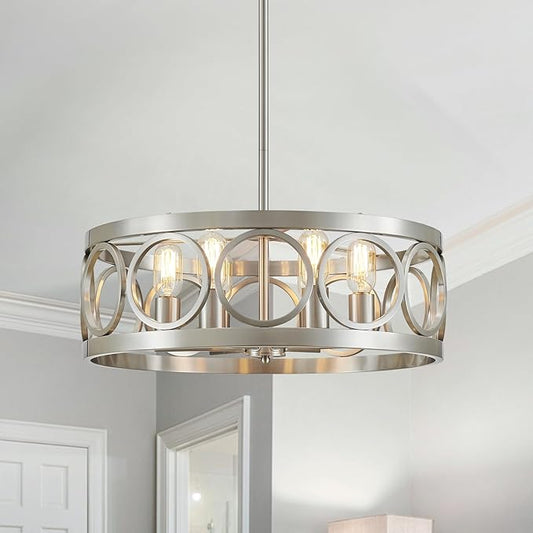 XINGQI 6-Light Modern Farmhouse Chandelier Brushed Nickel, 21.7'' Drum Ceiling Light Fixture for Living Dining Room Over Table with Round Metal Shade Pendant Lighting