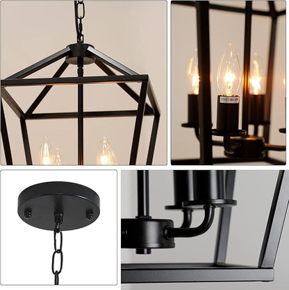 4-Light Lantern Pendant Light,Modern Industrial Black Cage Farmhouse Chandelier for Kitchen Island,12'' Rustic Metal Hanging Lighting Fixture for Dining Room Bedroom Foyer Entry Porch