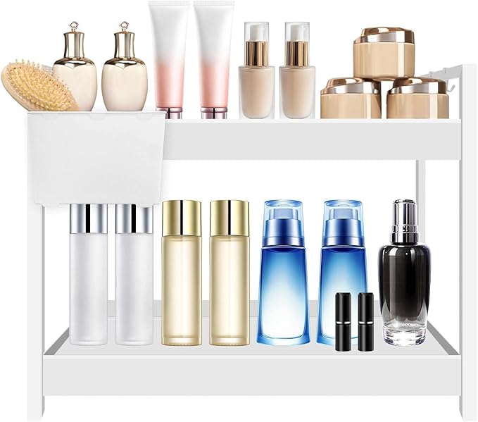 Bathroom Organizer Countertop with Basket & Hooks, 2 Tier Shelf Bathroom Organizers and Storage for Perfume, Cologne, White Countertop Organizer for Vanity, Kitchen, Office or Under Sinks