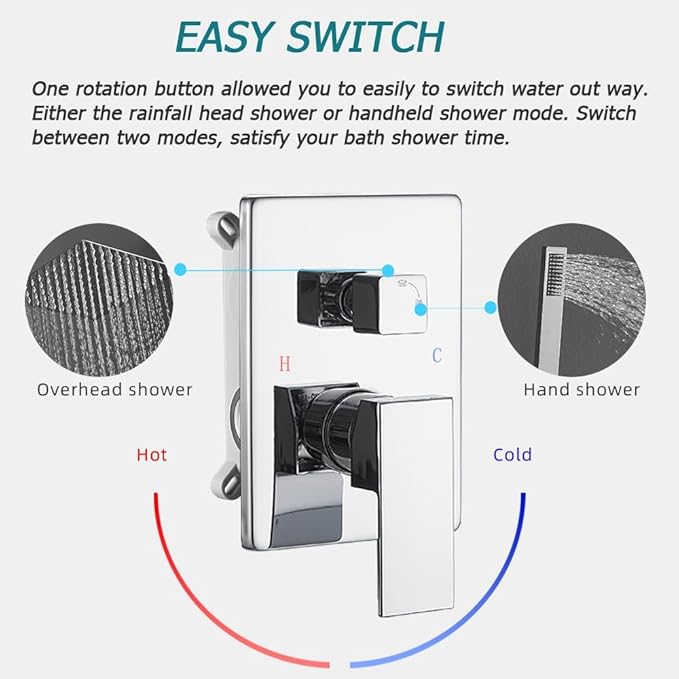 Shower System with High Pressure Rainfall Shower Head, Handheld Shower head and Shower Faucet Trim, Rain Mixer Shower Set Wall Mounted Chrome（Valve Include）