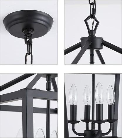 AMZASA Farmhouse Rustic Black Lantern Chandelier Hanging Light Fixture 4-Lights for Kitchen Island Dining Room Hallway Entryway Foyer UL Listed