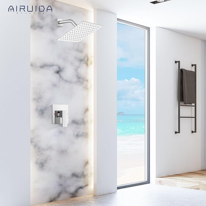 Airuida Shower Faucet Set Bathroom Rain Shower System SUS304 Stainless Steel Single Handle With Male Threads Rough-in Valve Shower Trim Kit 8 Inch Wall Mount Shower Head Chrome Polish