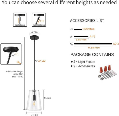 Black Big Pendant Lights Kitchen Island - Clear Glass Pendant Light Fixture Multiple Stems Rods 3 Units 12 Inch 3 Units 4 Inch (2 Pack Black Downrod Pendant with 7.5in W 9.5in H Shade)