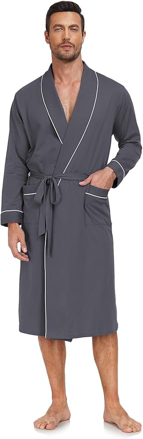 COLORFULLEAF Mens 100% Cotton Robes Lightweight Summer Long Bathrobe Sleepwear Soft Knit Spa Robe with Pockets