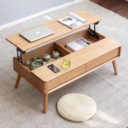 100% Solid Wood Lift Top Coffee Table for Living Room, Mid Century Modern Tables with Drawers and Large Storage, Oak Coffee Tables for Small Spaces (Oak Wood Log, 39.37" W x 21.65" D x 25.59" H)