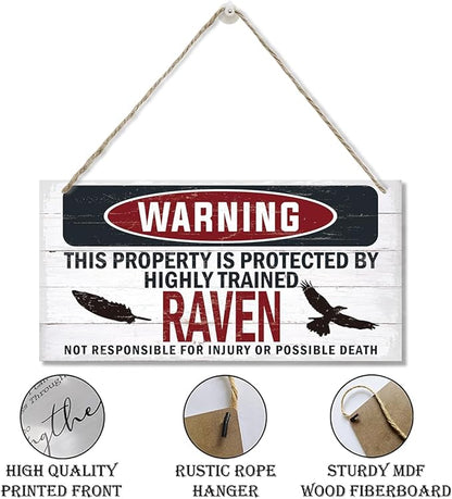 Warning Sign, Raven Warning Wood Plaque Sign, Funny Door Signs, Decorative Wood Hanging Suspension Plaque, Farmhouse Wooden Wall Decor, Outdoor Hanging Wooden Signs