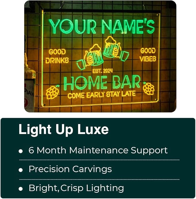 Personalized Bourbon Bar Signs with Your Name for home wall light up with personalized pub name, man cave accessories, beer themed neon customizable lighted sign