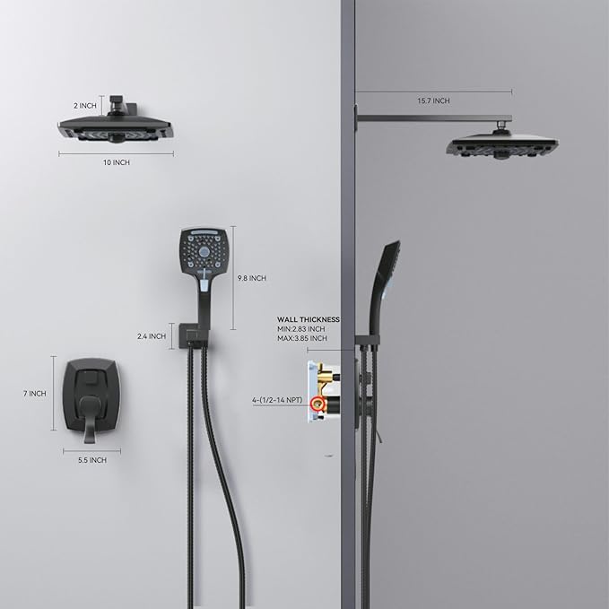 ELLO&ALLO Matte Black Bathroom Shower Faucet Set with Valve, Rainfall Shower Head with Handheld Combo