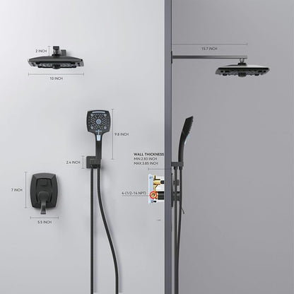 ELLO&ALLO Matte Black Bathroom Shower Faucet Set with Valve, Rainfall Shower Head with Handheld Combo